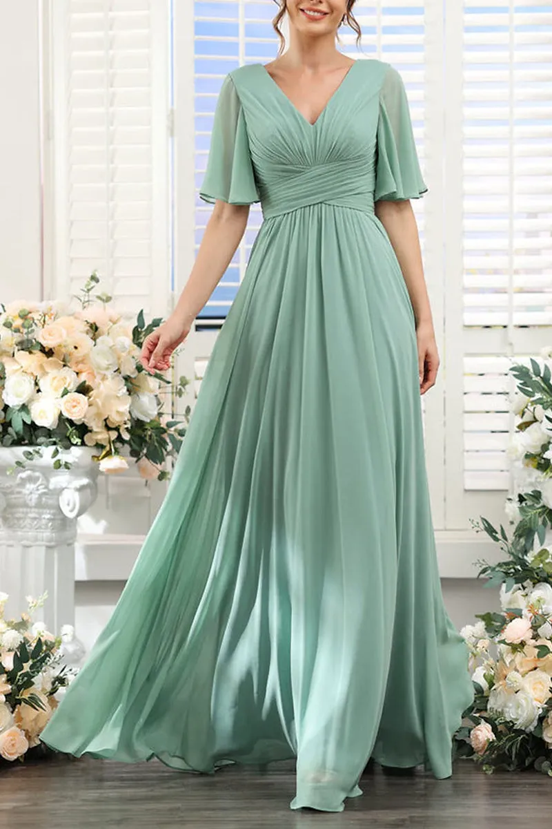 B4137 - V-Neck Short Sleeves Ruched Chiffon A-Line Long Bridesmaid Dress