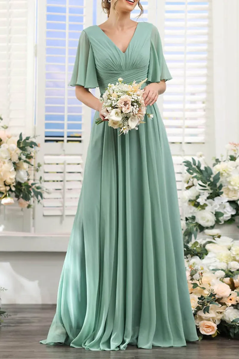 B4137 - V-Neck Short Sleeves Ruched Chiffon A-Line Long Bridesmaid Dress