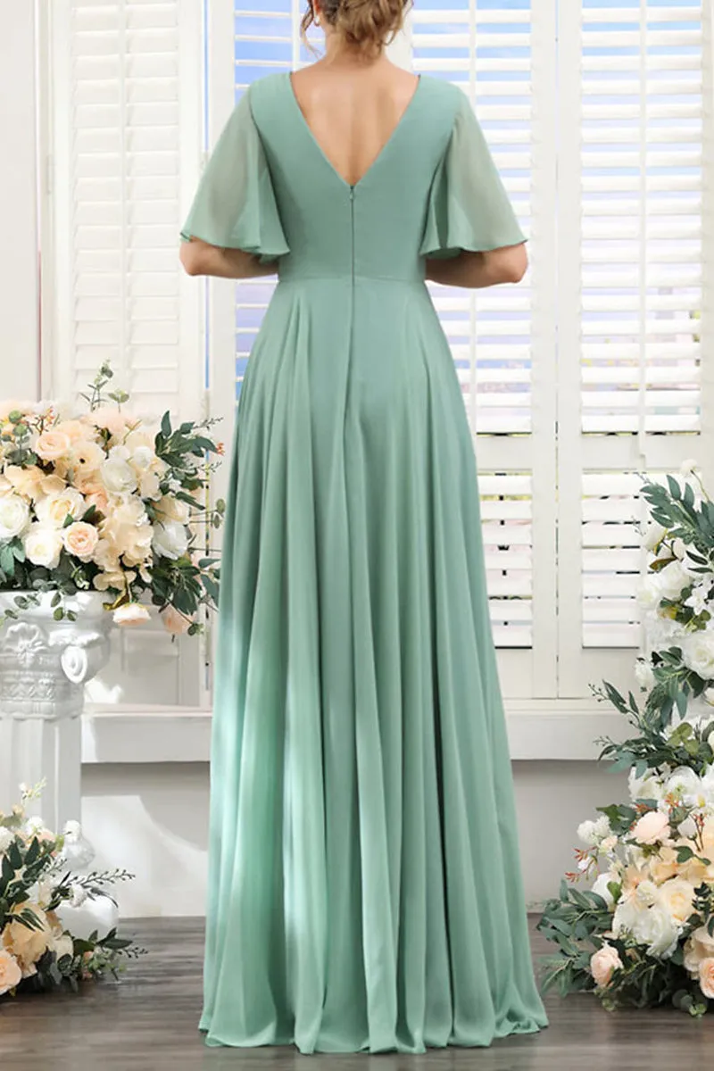 B4137 - V-Neck Short Sleeves Ruched Chiffon A-Line Long Bridesmaid Dress