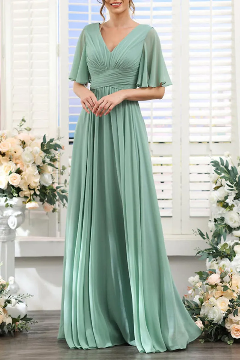 B4137 - V-Neck Short Sleeves Ruched Chiffon A-Line Long Bridesmaid Dress