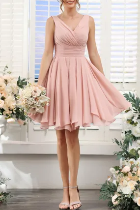 B4138 - V-Neck Sleeveless Ruched Chiffon A-Line Short Bridesmaid Dress