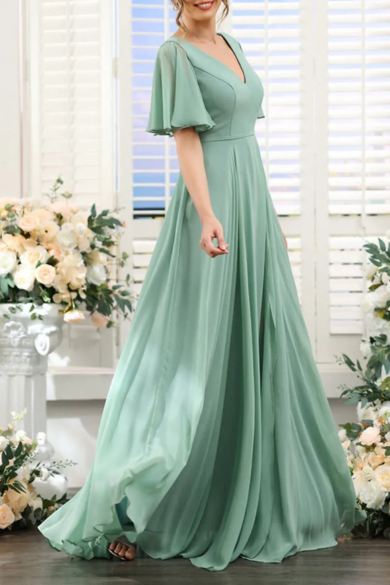 B4139 - V-Neck Short Sleeves Ruched Chiffon A-Line Long Bridesmaid Dress