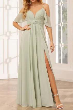 B4140 - V-Neck Off-Shoulder Ruched Chiffon A-Line Long Bridesmaid Dress