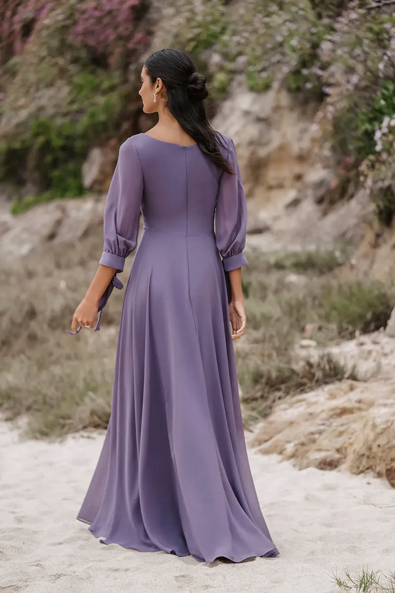 B4163 - V-Neck Long Sleeves Chiffon A-Line Long Bridesmaid Dress With Bow