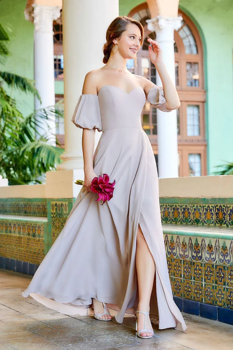 B4180 - Sweetheart Off-Shoulder Chiffon A-Line Long Bridesmaid Dress With Slit