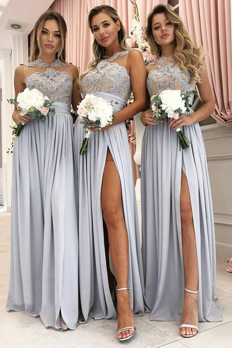 B4263 - High Neck Lace Appliqued Sleeveless A-Line Long Bridesmaid Dress