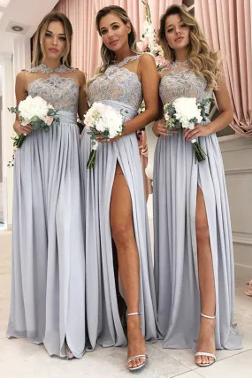 B4263 - High Neck Lace Appliqued Sleeveless A-Line Long Bridesmaid Dress