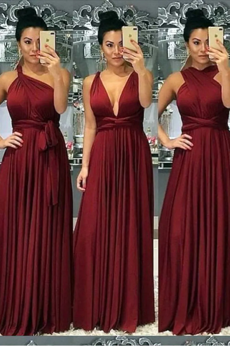 B4266 - A-Line Wine Red Simple Ruched Chiffon Long Bridesmaid Dress