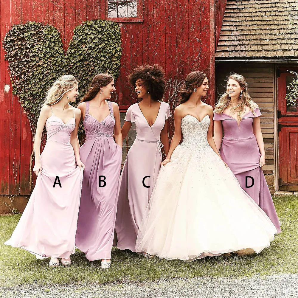 B4318 - Simple Pink A-Line Mismatched Ruched Chiffon Satin Long Bridesmaid Dress