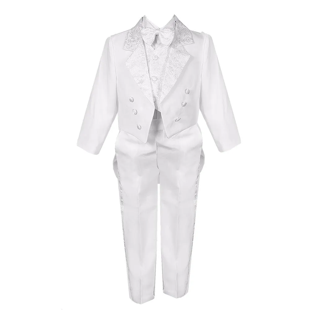 Baby Boys White 5 Piece Vest Pants Tail Jacket Jacquard Tuxedo Suit 3-24M