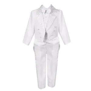 Baby Boys White 5 Piece Vest Pants Tail Jacket Jacquard Tuxedo Suit 3-24M