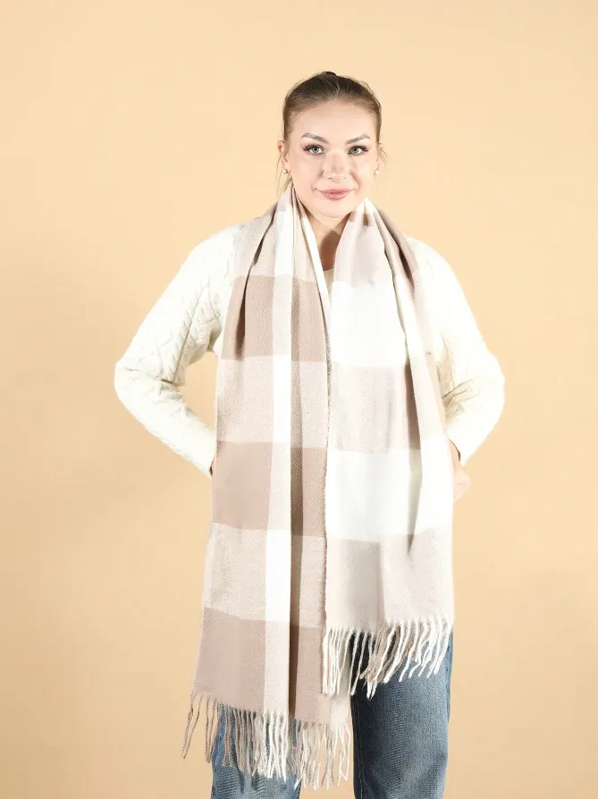 Beige & White Plaid Fringed Scarf