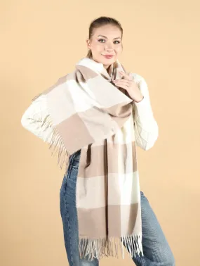 Beige & White Plaid Fringed Scarf