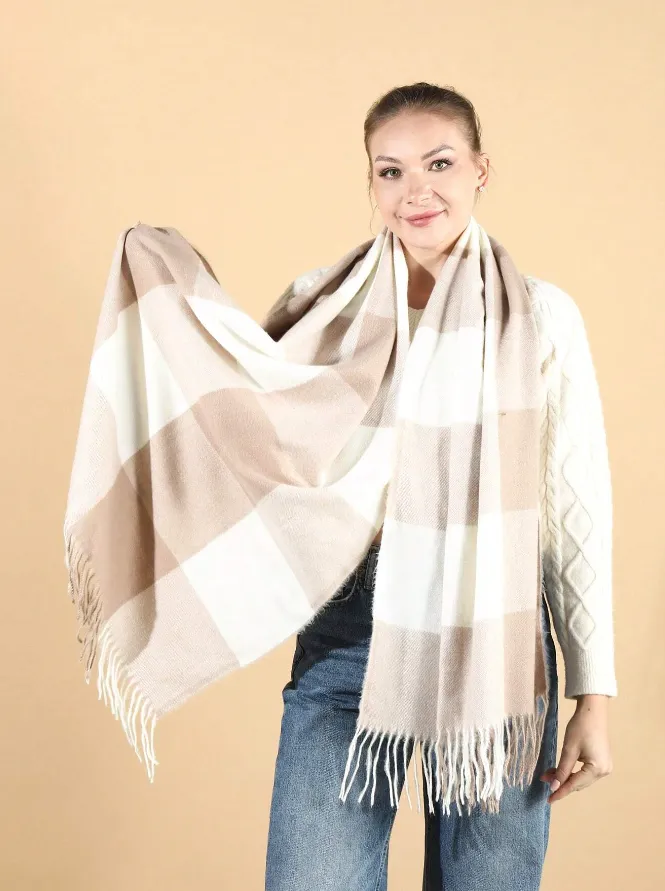 Beige & White Plaid Fringed Scarf