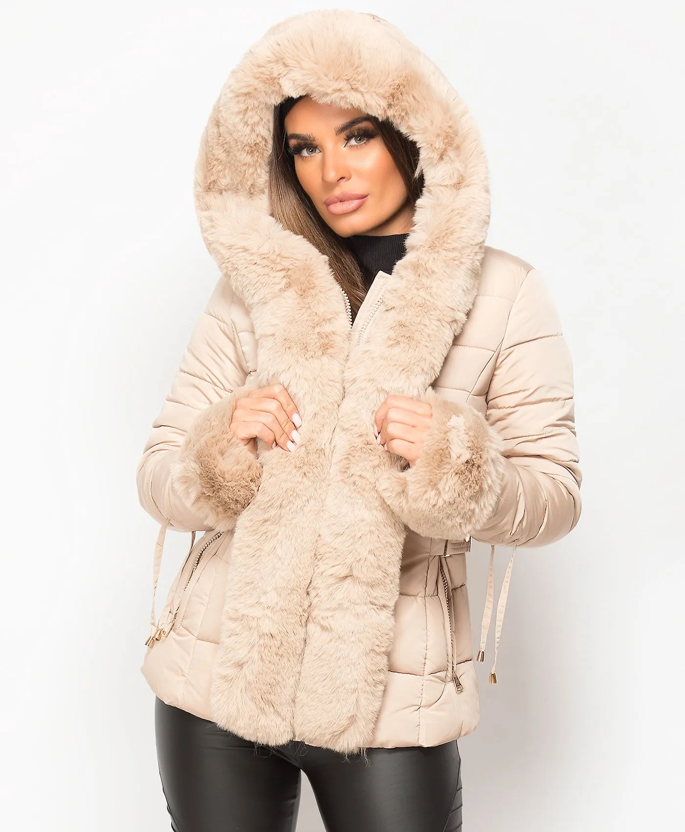 Beige Faux Fur Trim Hooded Side Buckle Puffer Jacket