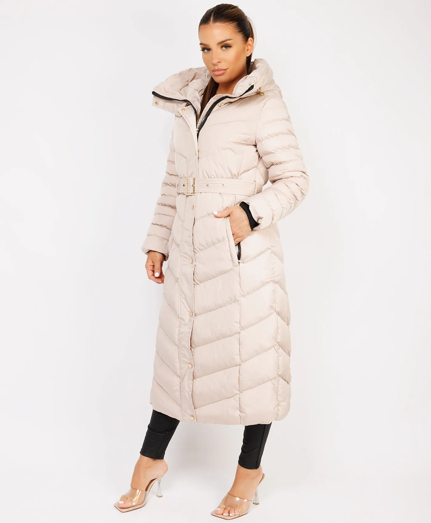 Beige Longline Padded Full Length Belted Puffer Coat Jacket