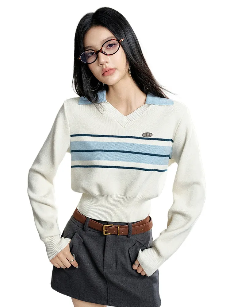 Beige Polo Collar Color-block Sweater