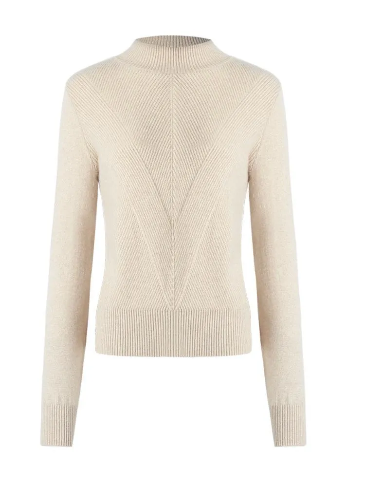 Beige Pure Cashmere Mock Neck Women Sweater