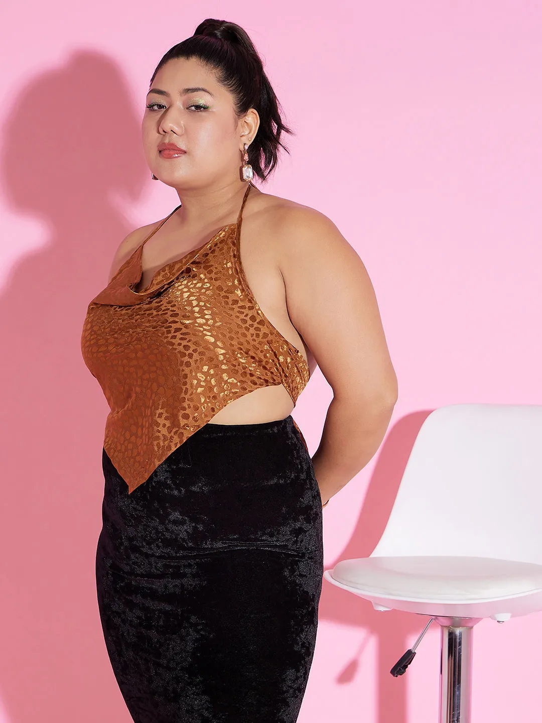 Berrylush Women Plus Size Brown Leopard Pattern Halter Neck Satin Tie-Up Backless Draped Asymmetrical Hem Tank Top