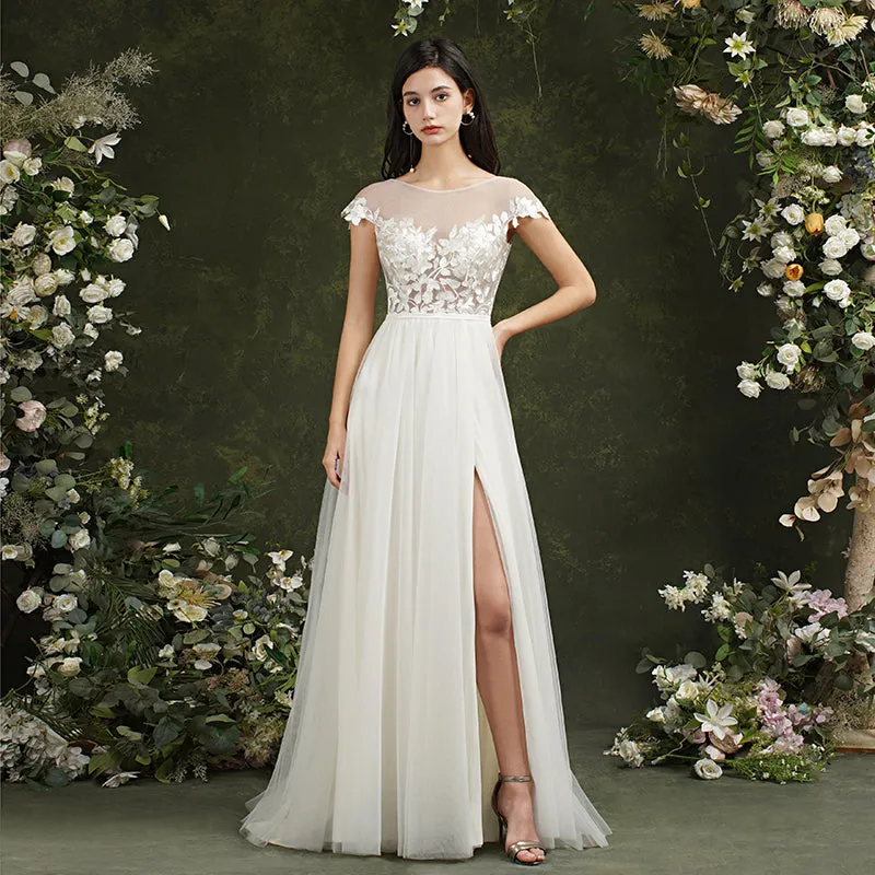 Biztunnel Long A-line Sweetheart Chiffon Lace Wedding Dresses with slit