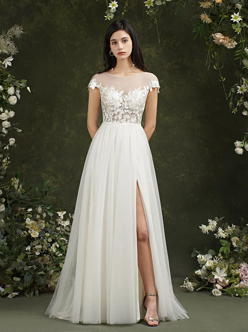 Biztunnel Long A-line Sweetheart Chiffon Lace Wedding Dresses with slit