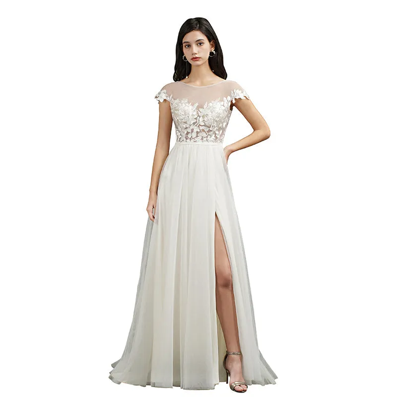 Biztunnel Long A-line Sweetheart Chiffon Lace Wedding Dresses with slit