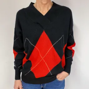 Black and Red Argyle Cashmere V-Neck Jumper Medium