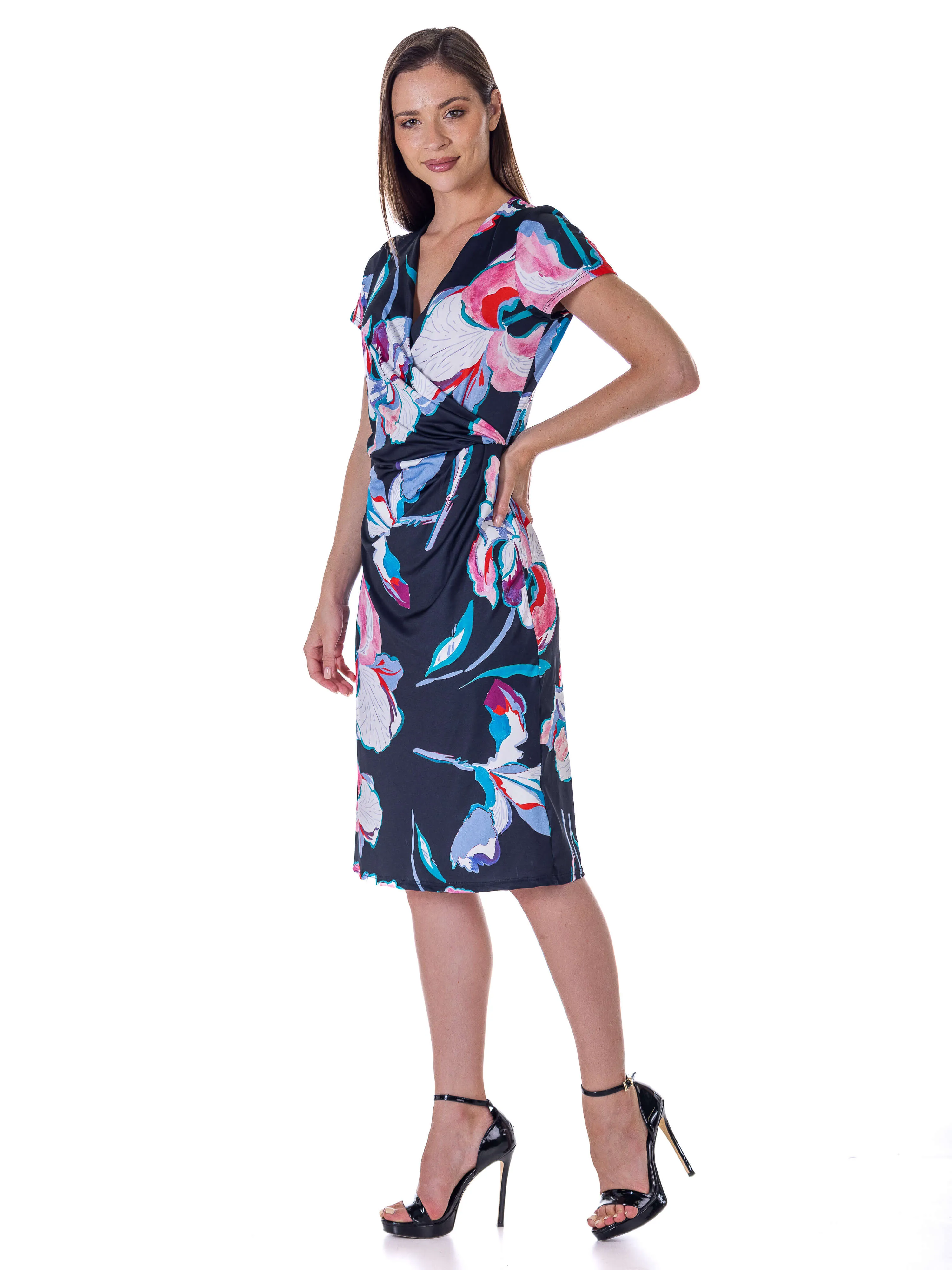 Black Floral Knee Length Short Sleeve Faux Wrap Dress