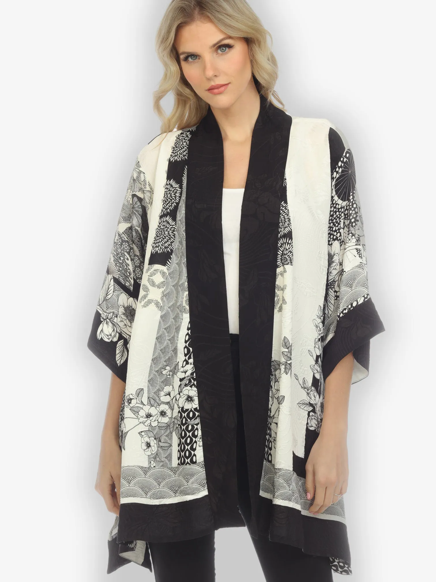 Black White Blossom Silk Kimono