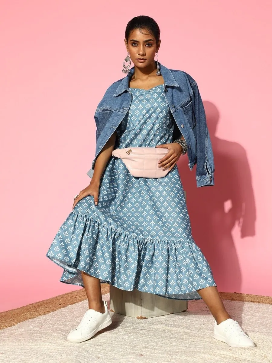 Blue and White Floral Printed Ruffe Dress