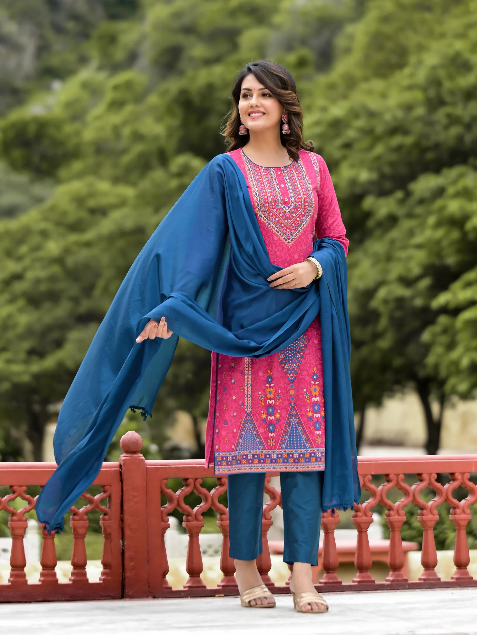 Blue Ethnic Motif Printed Liva Rayon Kurta Pant And Dupatta Set With Buttons & Tassels