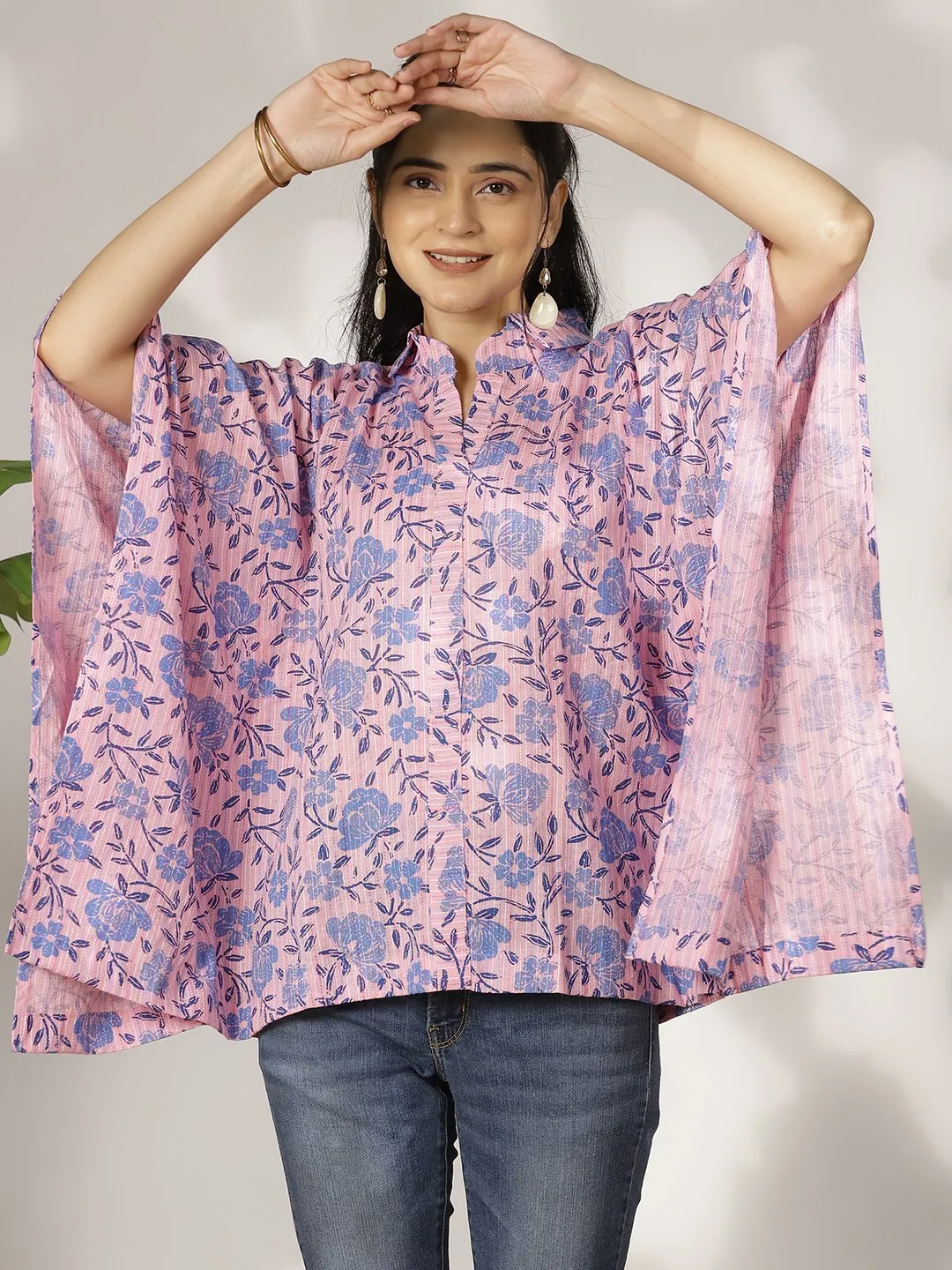 BlueFloral Cotton Kaftan Top