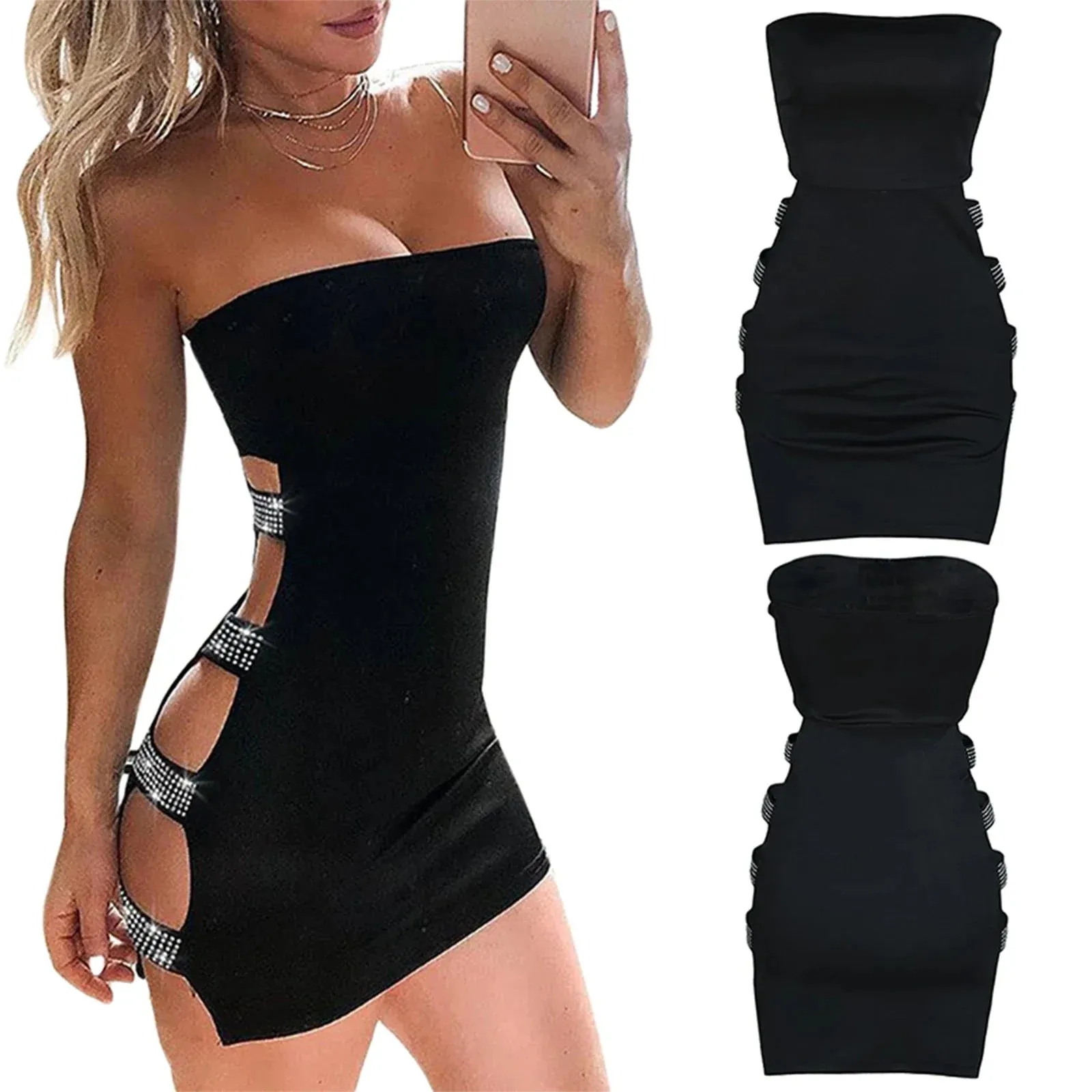 Bodycon Pencil Rhinestone Hollow Out Off Shoulder Solid Color Skinny Mini Nightclub Wear Summer Sexy Dress