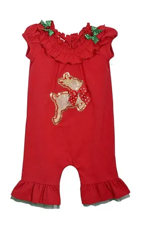 Bonnie Jean Christmas 1 Piece Red with Leaping Reindeer Applique Smocked Pants Set