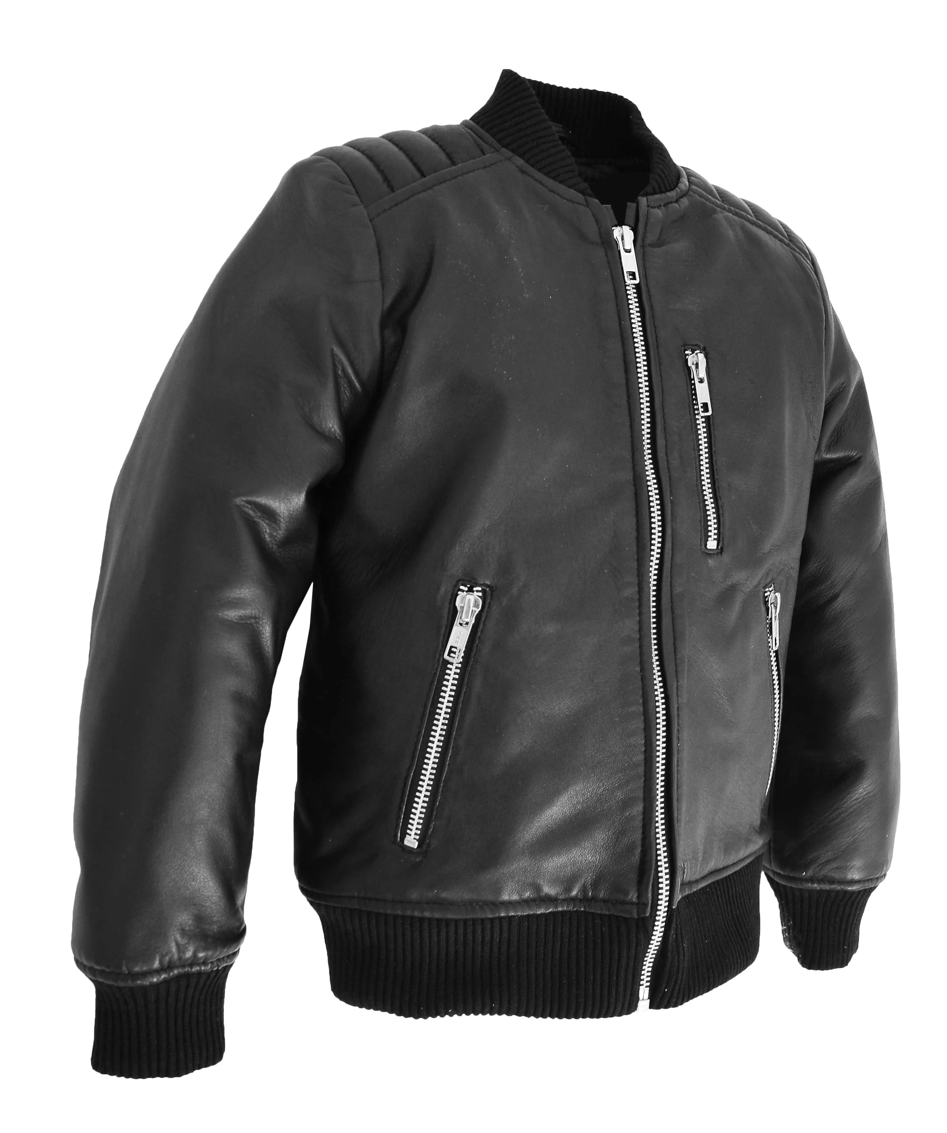 Boys Black Real Leather Bomber Jacket Kids Childrens Varsity Style 2-12 Years - MA2