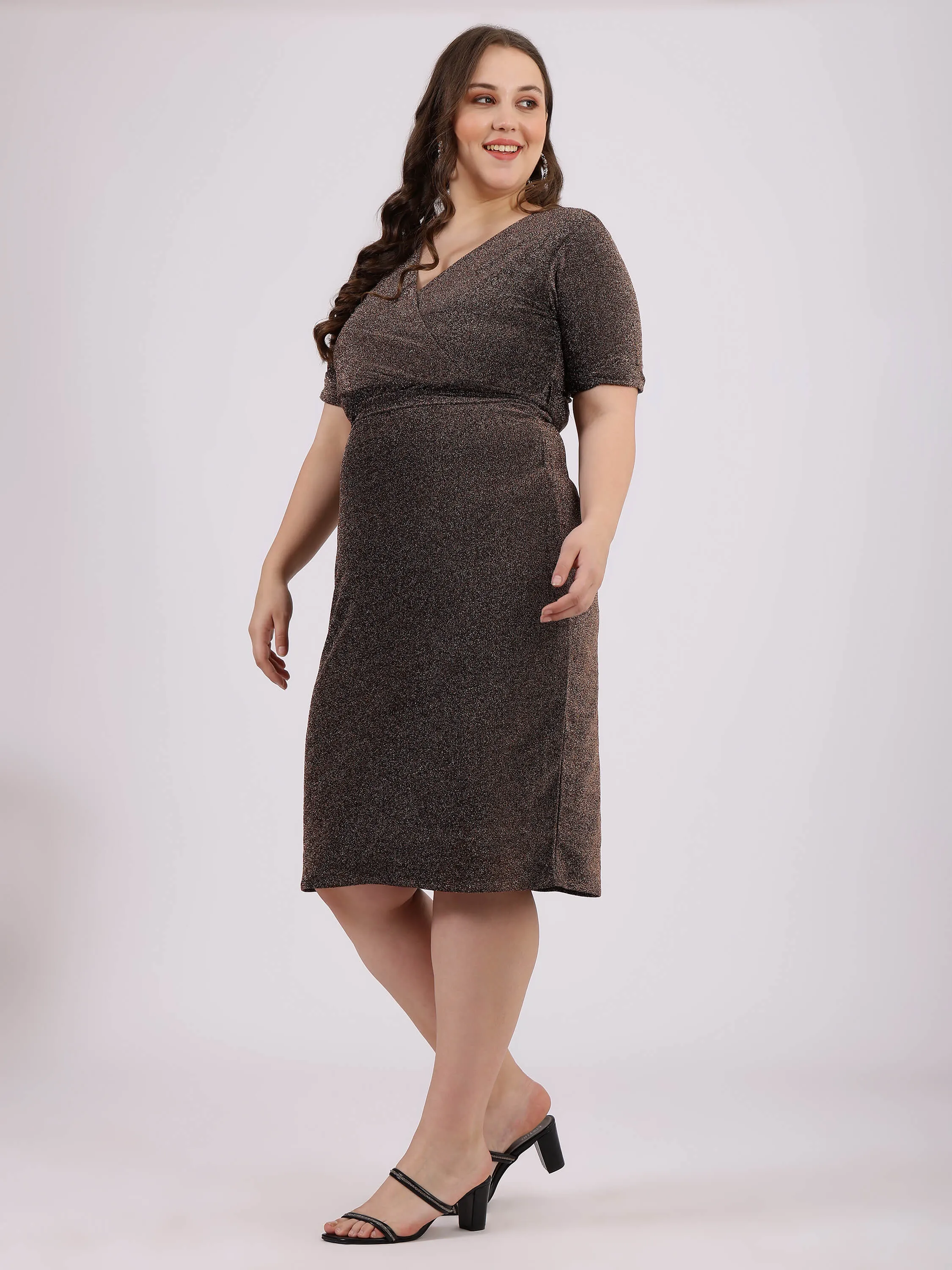 Brown Calf-Length Dress with Drape Neck