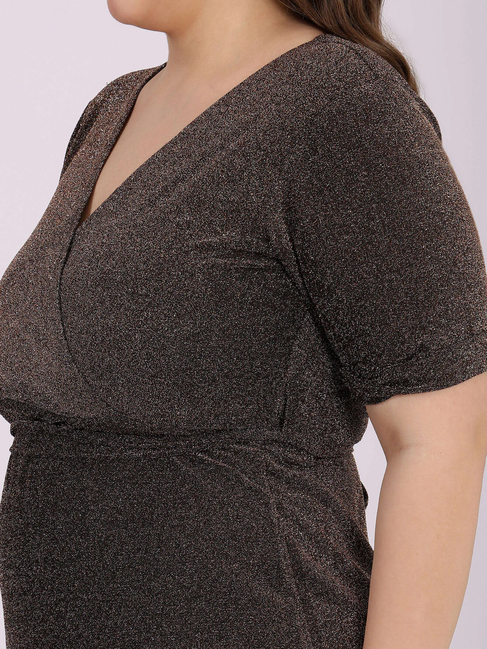 Brown Calf-Length Dress with Drape Neck