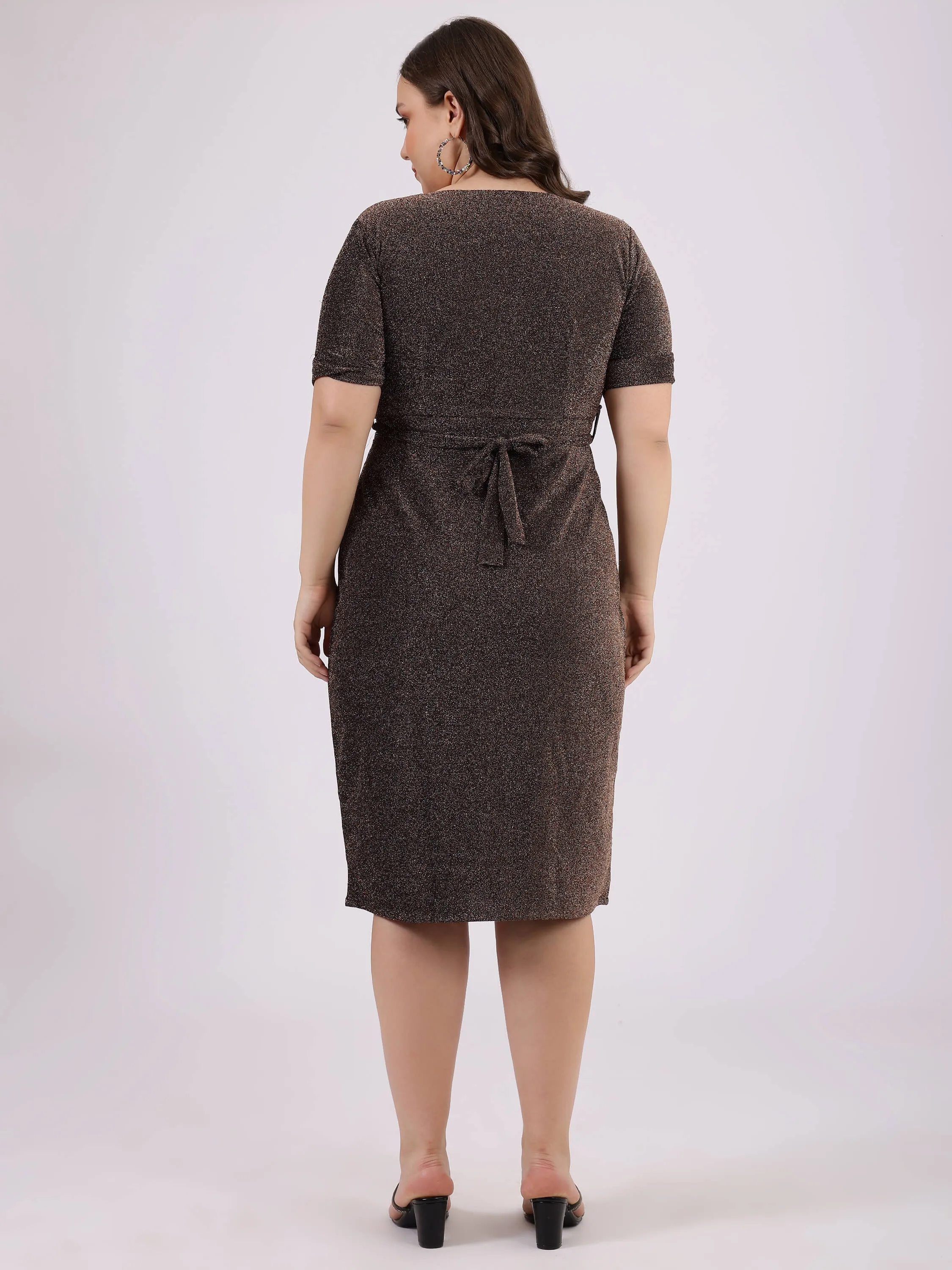 Brown Calf-Length Dress with Drape Neck