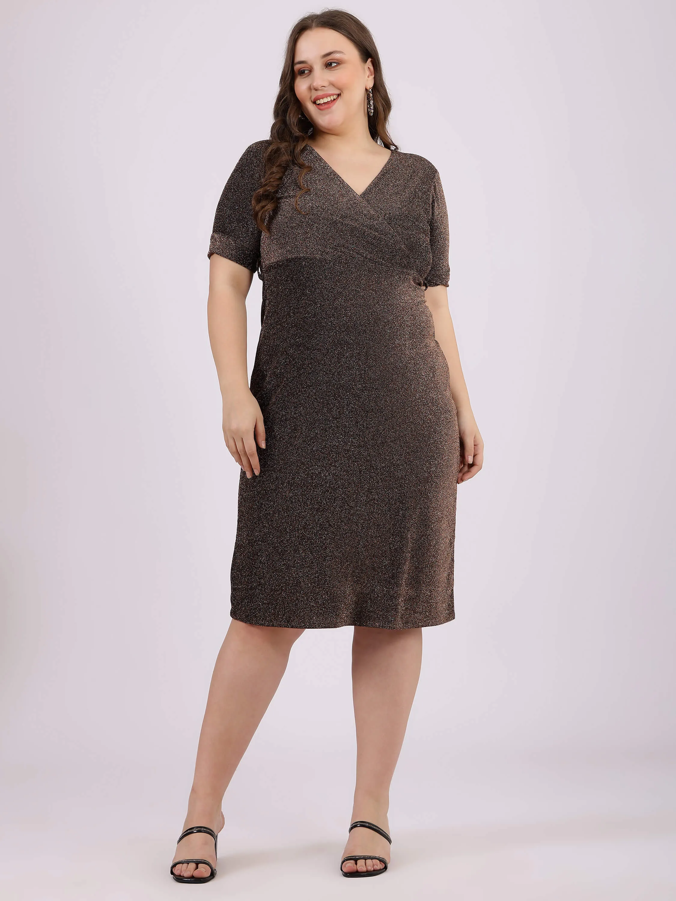 Brown Calf-Length Dress with Drape Neck