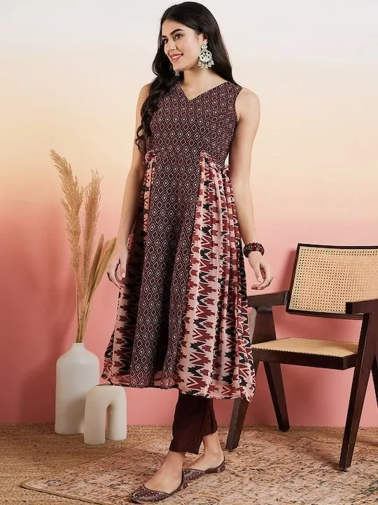 Brown Ethnic Motifs Printed Panelled Kurta with Trousers