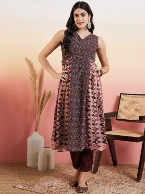 Brown Ethnic Motifs Printed Panelled Kurta with Trousers