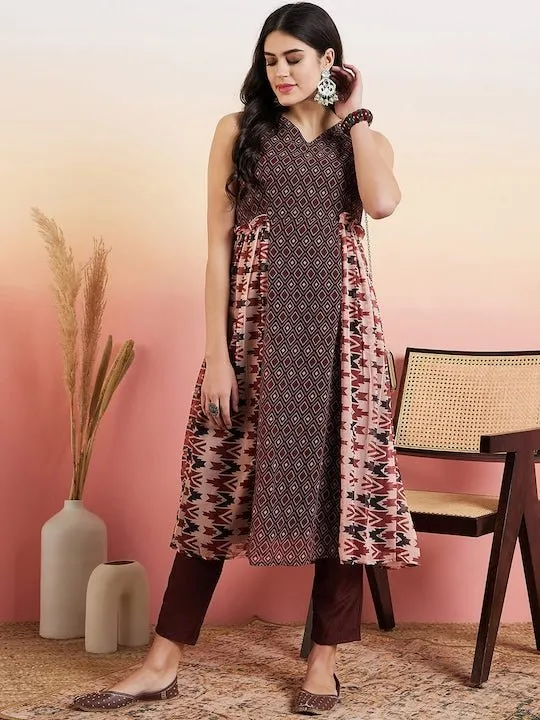 Brown Ethnic Motifs Printed Panelled Kurta with Trousers