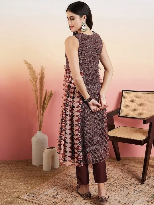 Brown Ethnic Motifs Printed Panelled Kurta with Trousers