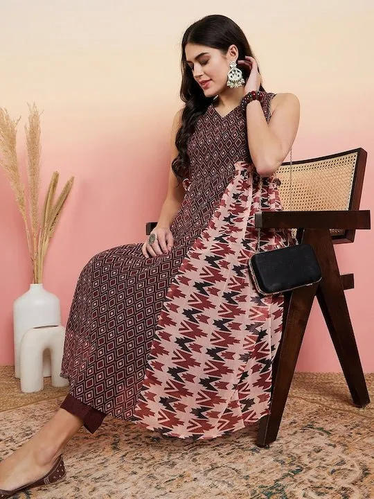 Brown Ethnic Motifs Printed Panelled Kurta with Trousers