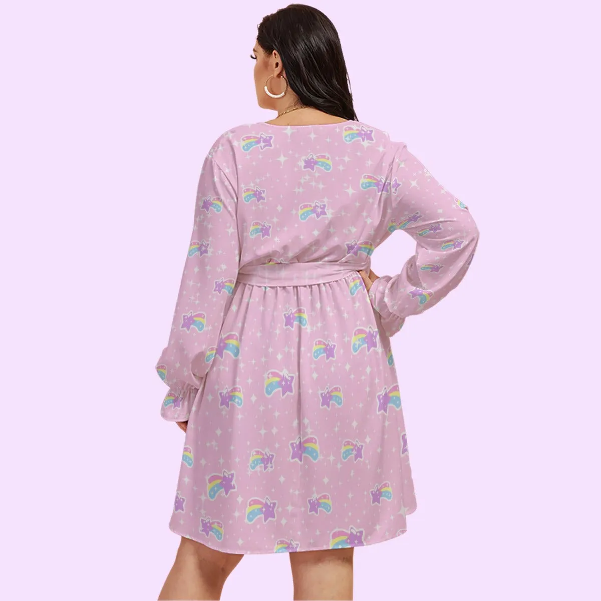 Bubblegum Bunny Shooting Stars Women's V-Neck Long Sleeve Dress With Waistband