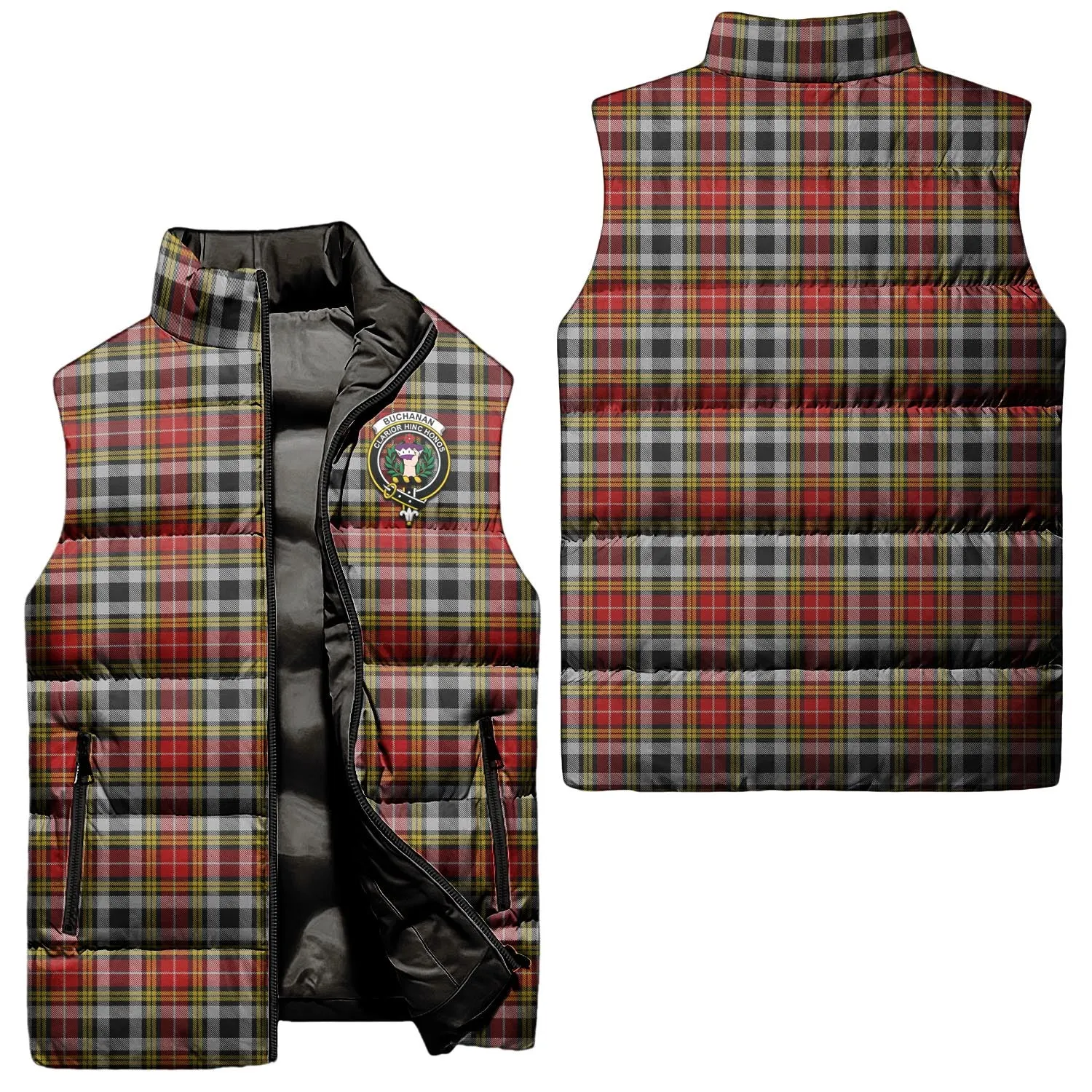 Buchanan Old Dress Tartan Sleeveless Puffer Jacket with Family Crest