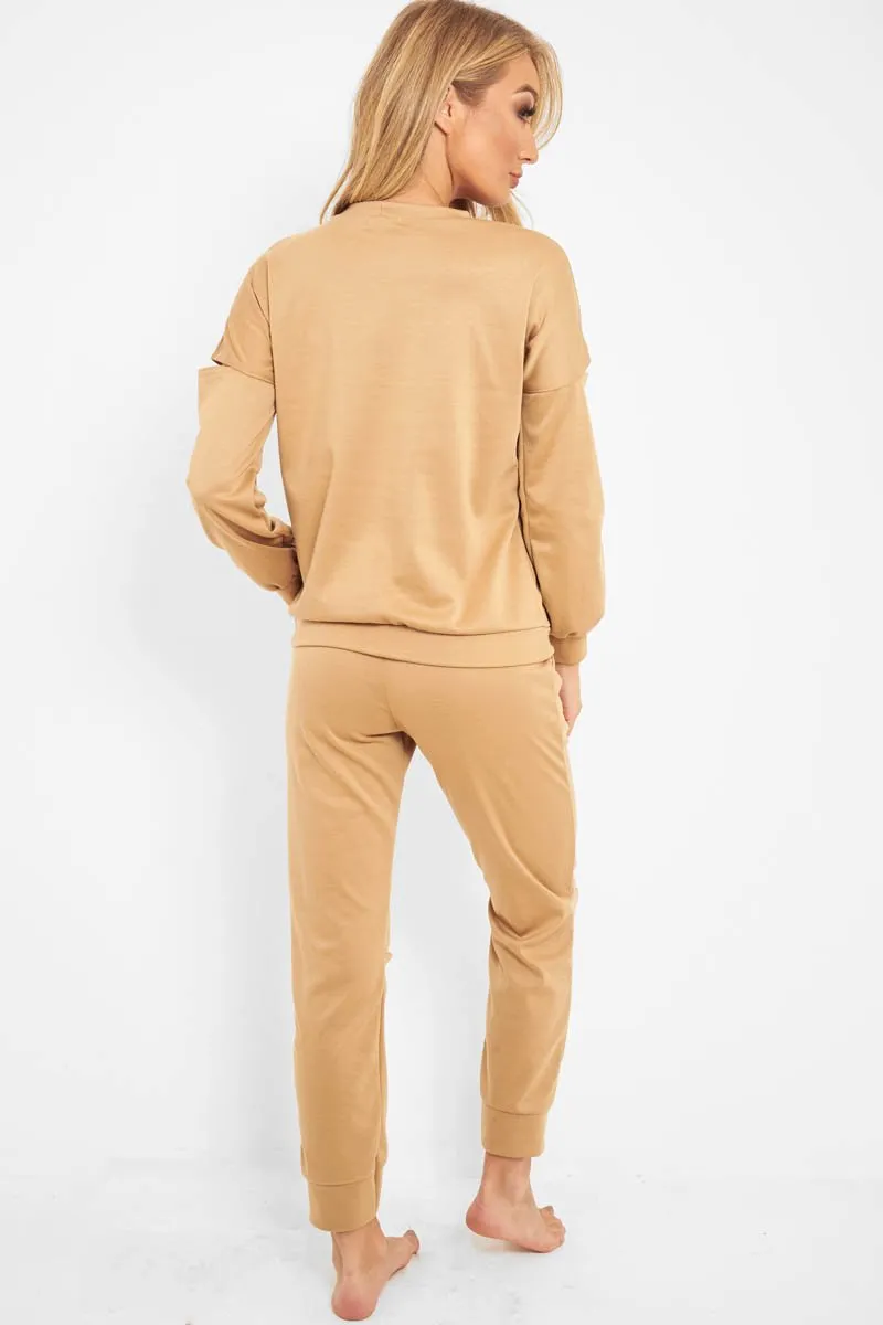 Camel Ripped Knee Cut Out Loungewear Set - Demmi