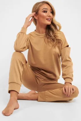 Camel Ripped Knee Cut Out Loungewear Set - Demmi