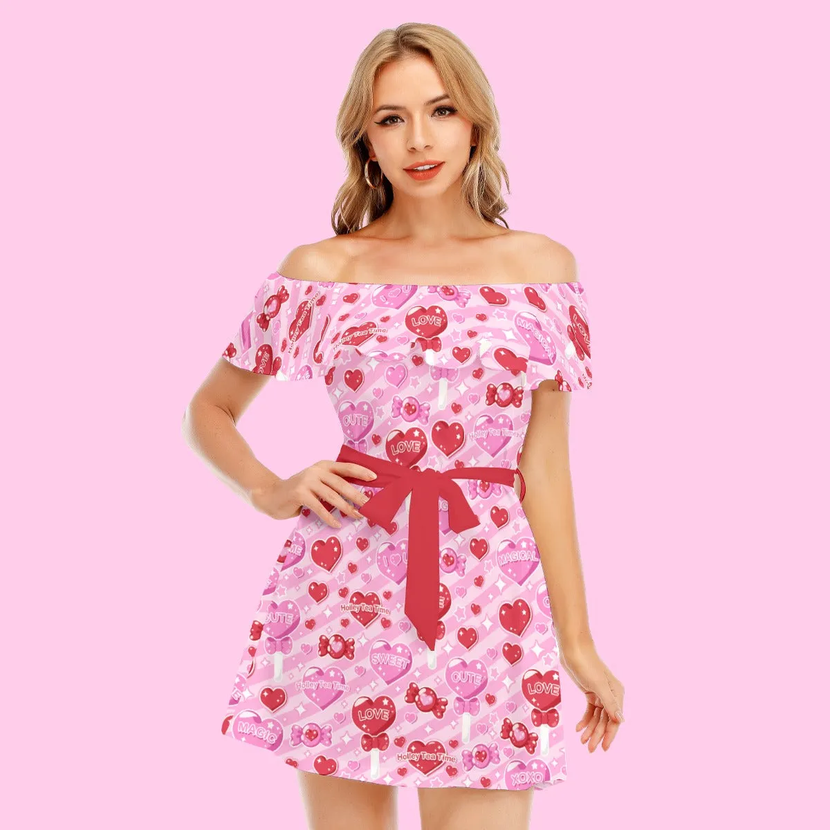 Candy Love Hearts (Red Cutie) Women's Chiffon Off Shoulder Ruffle Dress