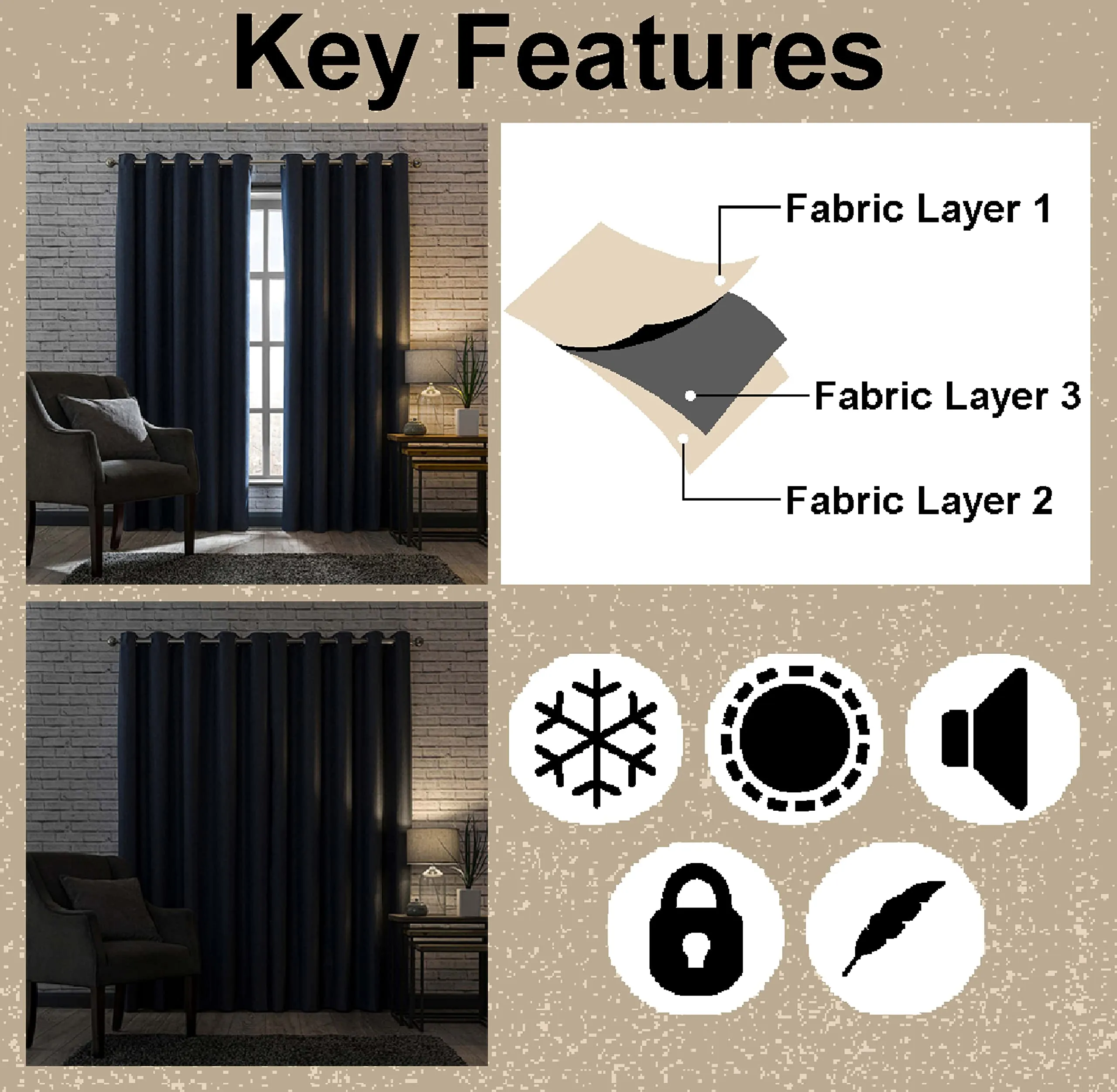 Casableu Dawn 2 Piece Polyester Eyelets (Steel) Blackout Curtains with Tie Back, Bedroom Living Room (Heather, 9 Ft x 4.2 Ft)